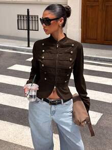 Muchica Women's Solid Color Studs Decor Casual Versatile Daily Long Sleeve Jacket - Brown - View 1