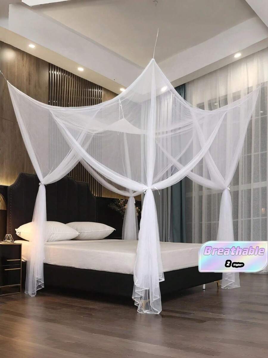 1pc Mosquito Net, 4-Corner Bed Canopy, Suitable For Queen/King Size Bed, Polyester Fabric - Four-door Mosquito Net - View 1