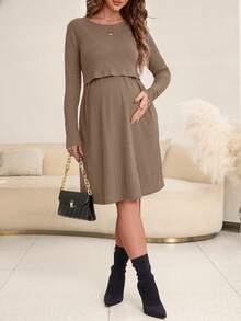 SHEIN Maternity Solid Color Round Neck Long Sleeve Casual Nursing Dress Fall - Camel - View 5