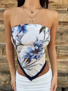 AmyJordy Atasan Tube Top Kasual Wanita Motif Bunga untuk Liburan Musim Panas - MultiWarna - View 3