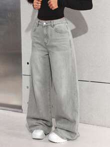 SHEIN Teen Girl Fashion Versatile Button Pocket Loose Fit Jeans - Light Grey - View 4