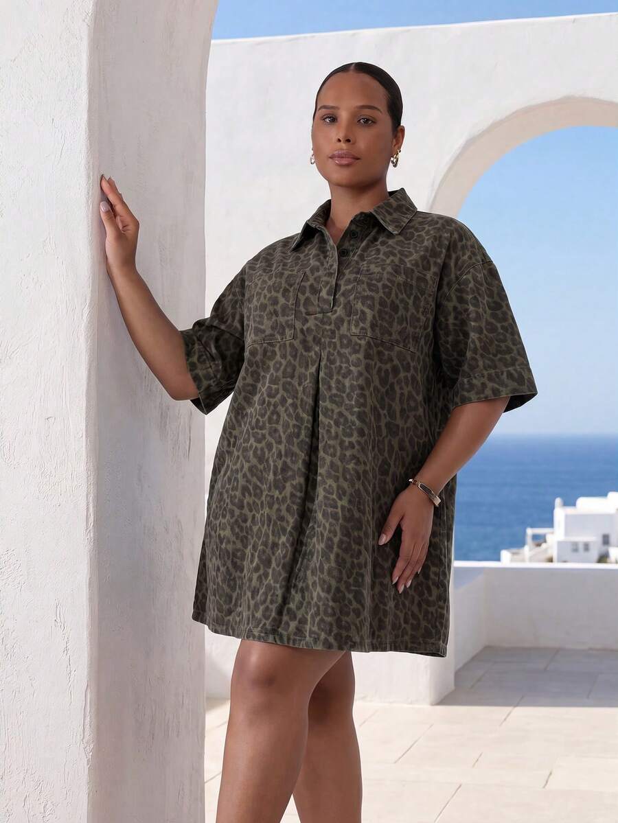 ELLERISSA Plus Size Multicolor Leopard Print Collared Short Sleeve Chest Pocket Denim Swing Dress - Multicolor - View 1