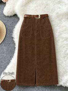 Franclia Women's Solid Color Casual Versatile Daily Wear Pocket Skirt - Brown - View 1