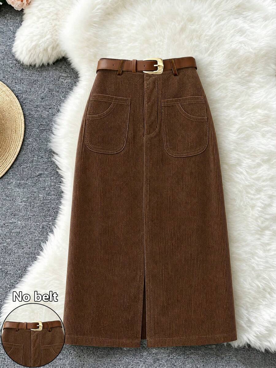 Franclia Women's Solid Color Casual Versatile Daily Wear Pocket Skirt - Brown - View 1