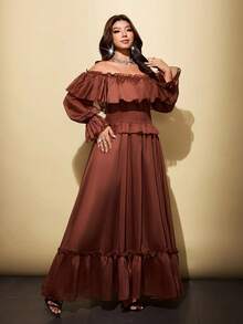 Viva Relle Gaun Panjang A-Line Kerah Ruffle Satu Bahu untuk Wanita Ukuran Plus, Musim Gugur - Rust Brown - View 5