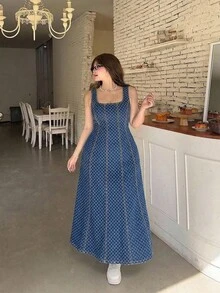 SHEIN MOD 大尺碼女款優雅夏季牛仔洋裝，百搭可愛，適合度假、奢華風、秋冬通勤，藍色洋裝，適用夏季、度假、派對、約會 - 藍色 - 查看 6