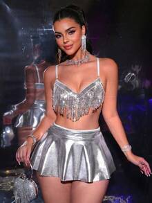 MidnightGlam Women's Sexy Lingerie Set (Underwire Bra, Thong, Mini Skirt) 3-Piece Set - Silver - View 3