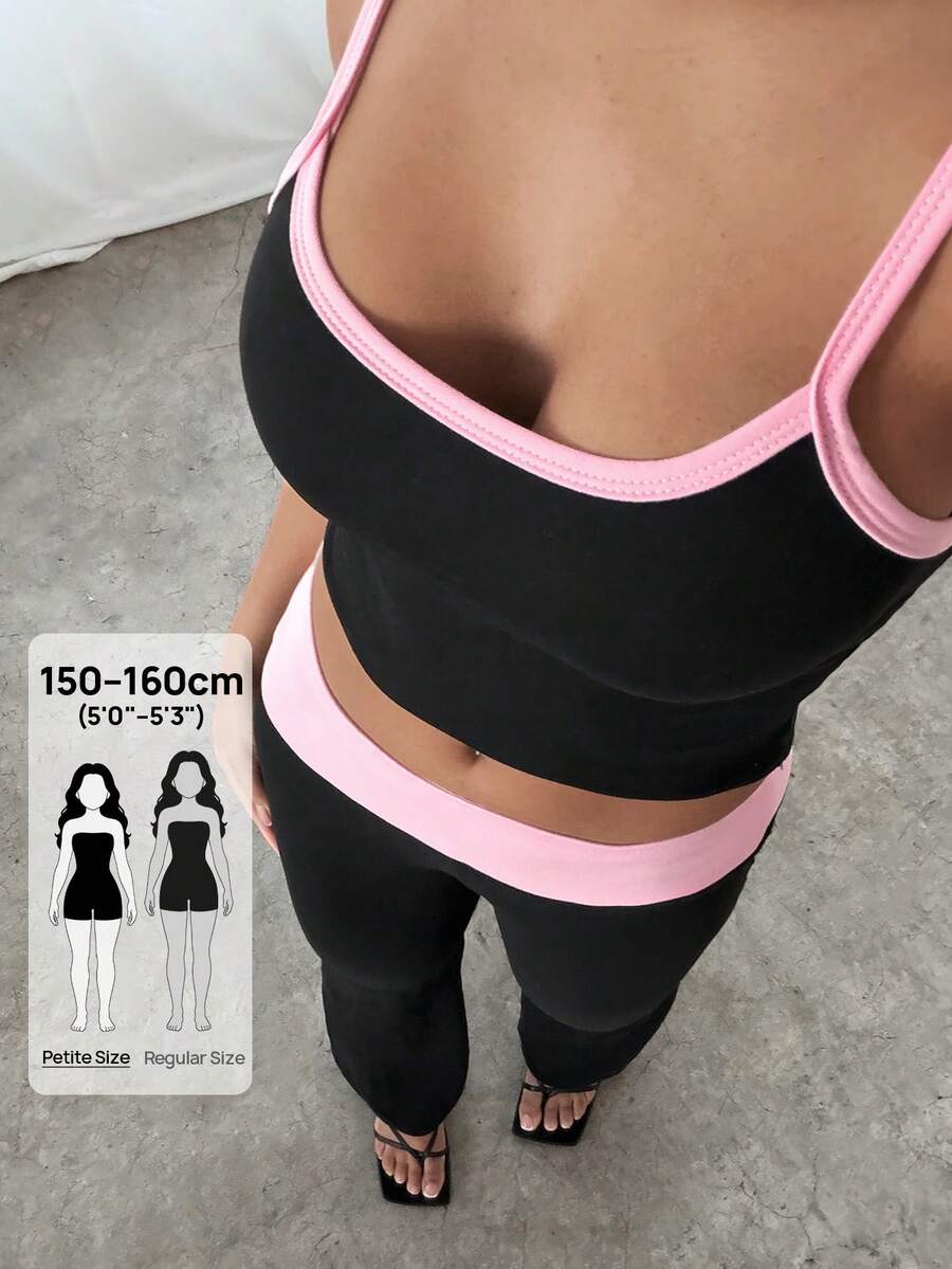 SHEIN PETITE Women's Colorblock Summer New Design Lace-Up Camisole And Long Pants Set, Suitable For Spring/Summer, Suitable For Summer - Black - View 1