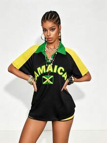 Gowayae Gowayae Top de manga corta holgado casual de verano, nuevo, con bloques de color verde, amarillo y negro, con cuello, rayas anchas de bloques de color en los laterales, camiseta, ropa de calle diaria, casual deportivo, vacaciones, estilo vintage americano - Multicolor - Ver 4