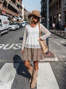 LanaWest Women's Lace Patchwork Color Casual Daily Summer Short Dress - White - View 4