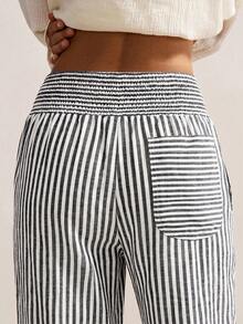 Bohemela Plus Size Casual Striped Pants For Vacation Fall - Blue and White - View 5