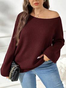 SHEIN Essnce 大码女装秋季女装新款时尚休闲通勤拉绒面料休闲纯色藏青色宽松多穿（单肩、斜肩、正肩）针织毛衣，毛衣套头露肩上衣，露肩长袖，秋季女式毛衣， - 紅色 - 查看 3