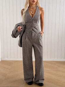 SHEIN EZwear 秋冬商務女款棕色格紋編織西裝外套、單排扣背心與長褲套裝 - 摩卡棕 - 查看 3