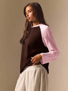 Athîral Women's Loose Yellow & Blue Colorblock Crew Neck Long Sleeve Casual T-Shirt, Back To School - Baby Pink - View 5