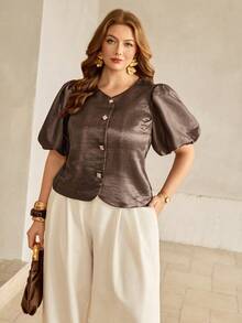 Roveilla Plus Size Women's Spring Autumn Winter French Romantic Sicilian Elegant Casual Commute Vacation Afternoon Tea Party Solid Color With Subtle Glitter Fabric Round Neck Open Front Metal Button Lantern Sleeve Short Blouse - Brown - View 3
