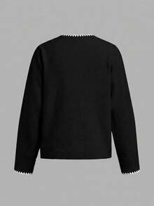SHEIN BASICS Cardigan de punto con bordado de concha en contraste de color, adecuado para salidas de otoño/invierno, de vuelta a la escuela - Negro - Ver 2