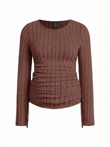 Modmama Maternity Casual Smart Versatile Solid Color Side Drawstring T-Shirt Winter Formal Photoshoot Black Brown Fuchsia Pink - Coffee Brown - View 7