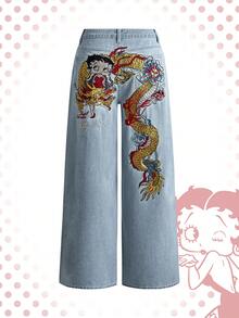 Betty Boop | ROMWE 春夏圖案聯名龍刺繡低腰寬鬆寬腿牛仔褲 - 淺藍色 - 查看 6