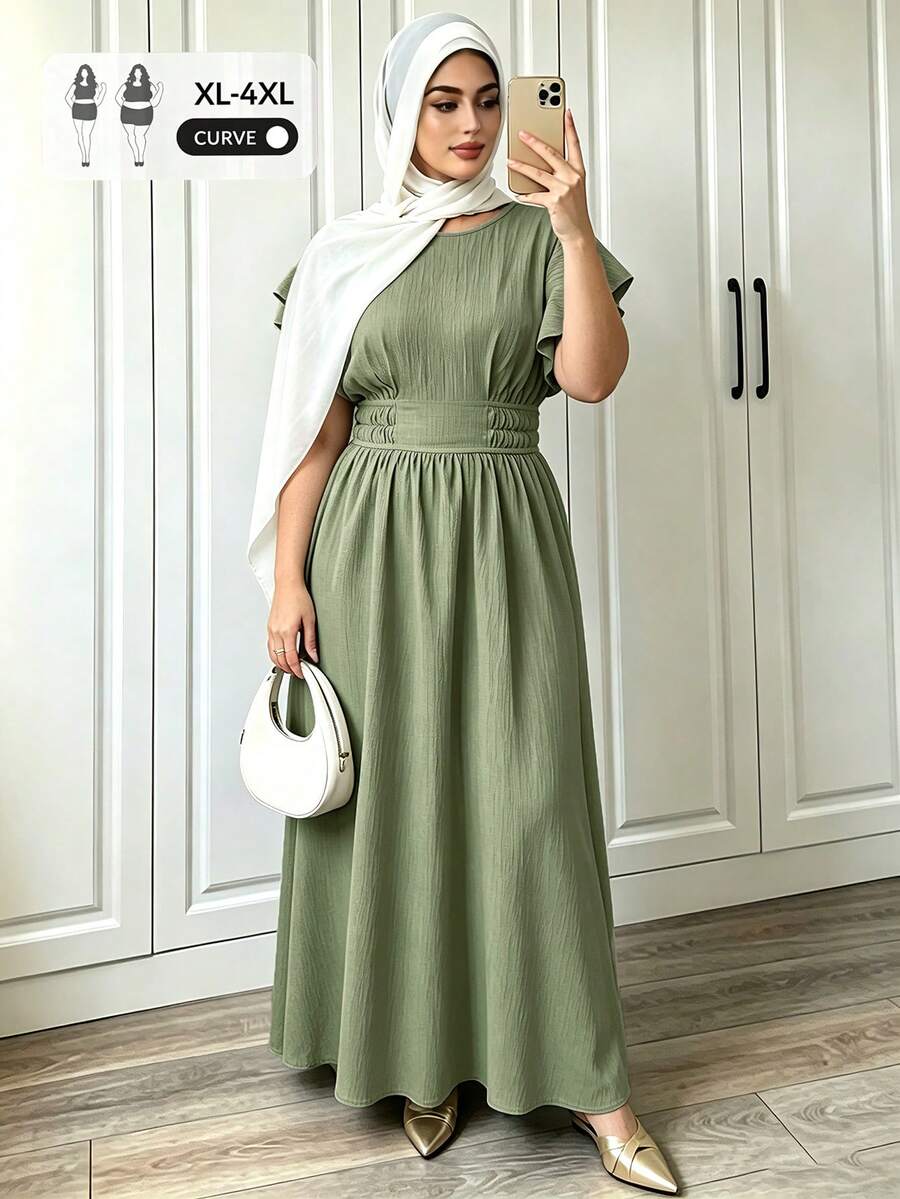Elenzga Plus Size Elegant Romantic Elegant Round Neck Ruffle Sleeve Side Ruched Fitted Dress - Green - View 1