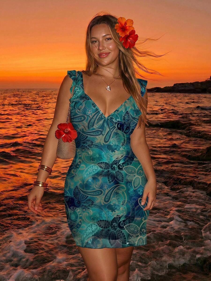 SHEIN ICON Plus Size Vacation Style Paisley Flower Print Dress - Multicolor - View 1