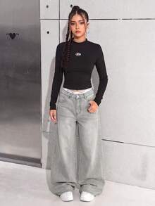 SHEIN Teen Girl Fashion Versatile Button Pocket Loose Fit Jeans - Light Grey - View 6