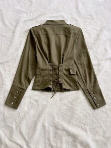 Soleia Women's Solid Color Stand Collar Casual Versatile Daily Travel Long Sleeve Jacket - Army Green - View 2
