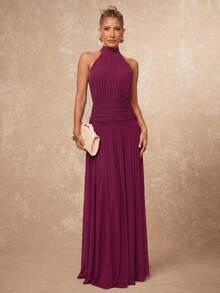 Lumalex Soft Flowy Comfortable Mesh Mock Neck Ruched Waist Oversized Skirt Backless Tie Strap Women's Long Dress - Burgundy - View 3