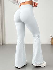 StreetHx Women's Solid Color High Waist Daily Fitness Soft Sports Flare Pants Gym White Summer Gym Pilates Athletic Low Waist - White - View 4