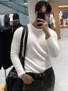 DAZY 男士白色短袖高彈性羅紋布修身T恤 - 白色 - 查看 4