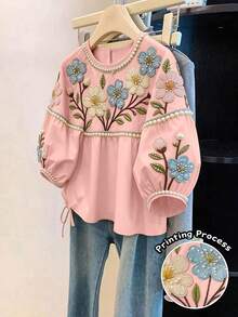 SHEIN Clasi 女款夏季印花多色花卉布料刺繡珍珠圖案設計圓領寬鬆休閒花園度假風辦公穿著高氣場返校季百搭度假風短袖襯衫 - 粉色 - 查看 1