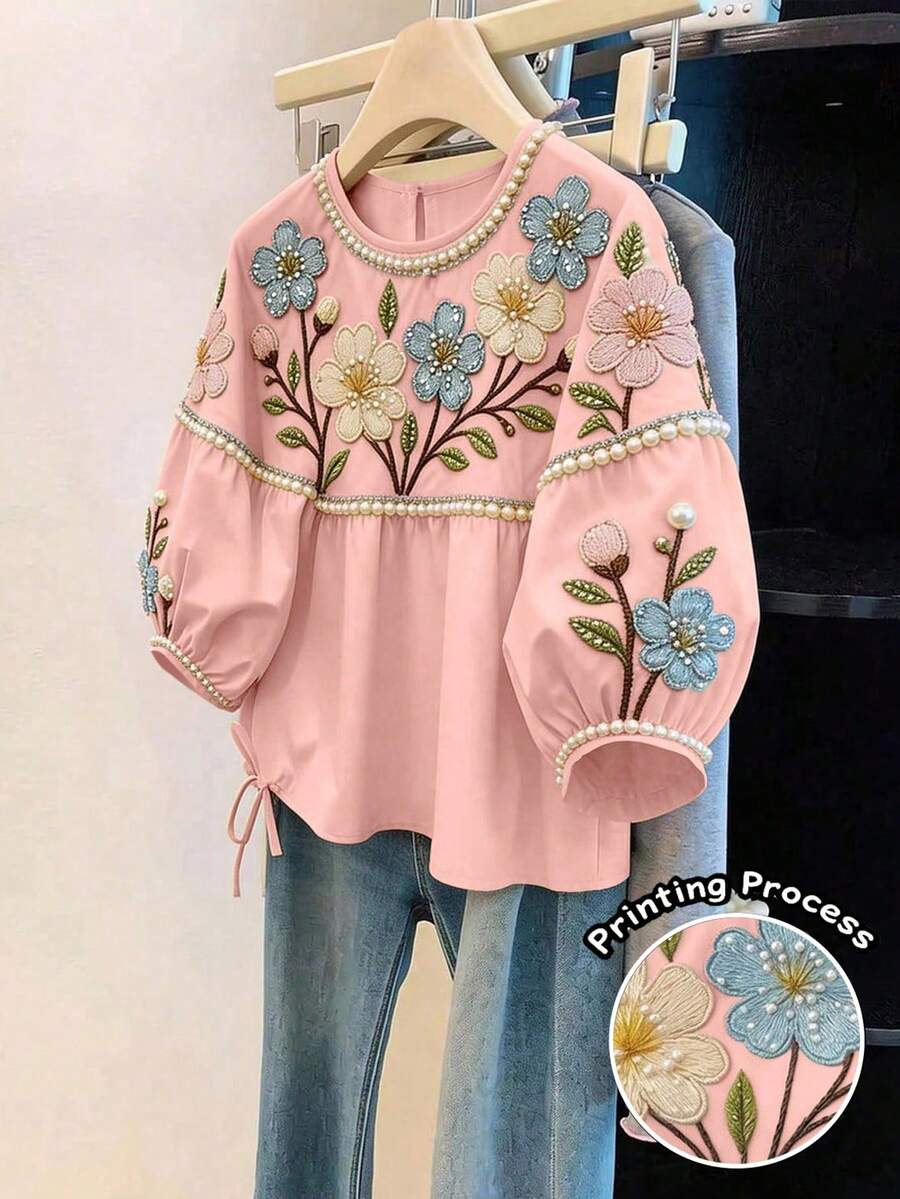 SHEIN Clasi 女款夏季印花多色花卉布料刺繡珍珠圖案設計圓領寬鬆休閒花園度假風辦公穿著高氣場返校季百搭度假風短袖襯衫 - 粉色 - 查看 1