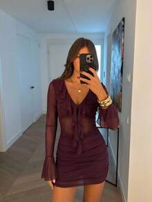 Aloruh Women's Elegant Multi-Layer Ruffle Sheer Mesh Fitted Waist Mini Dress - Burgundy - View 2