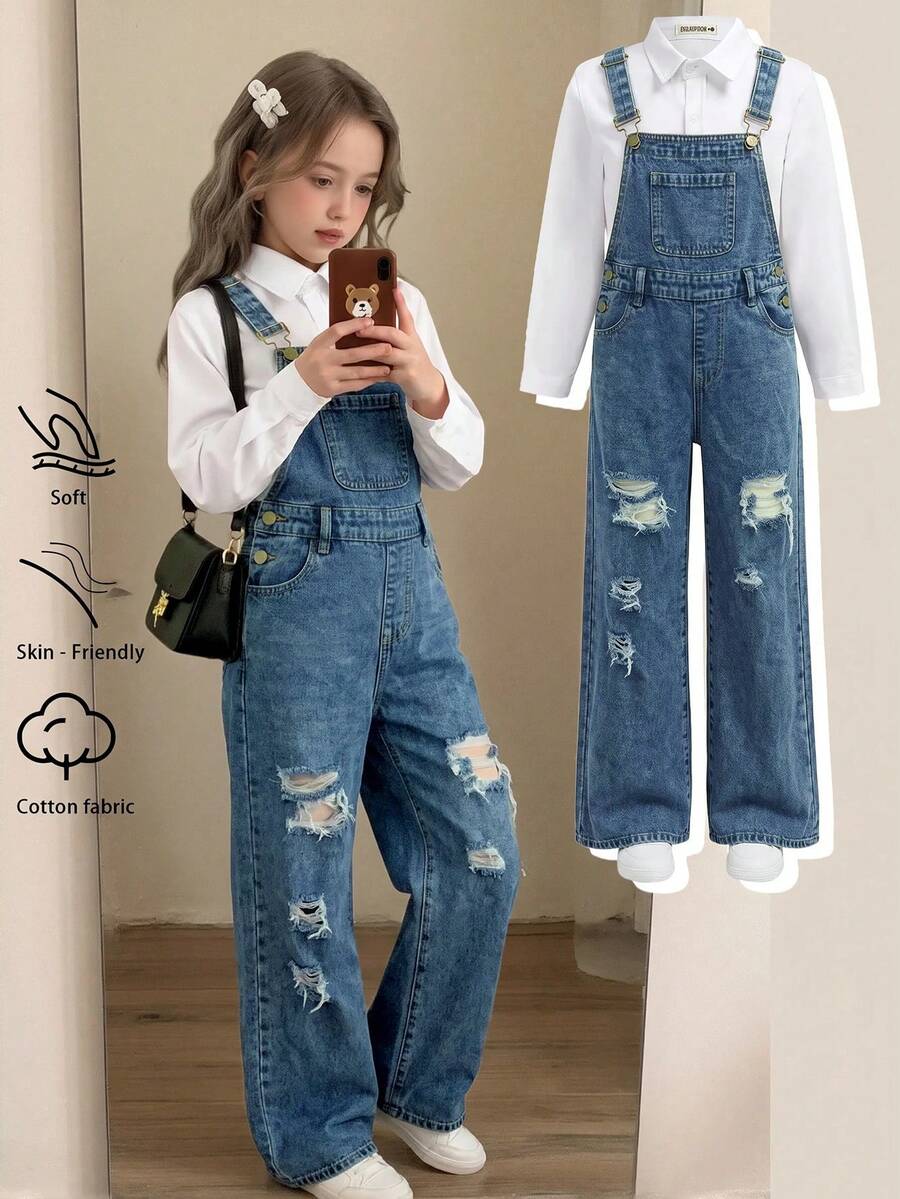 SHEIN Girls' Deep Blue Denim Loose Distressed Overalls - Blue - View 1