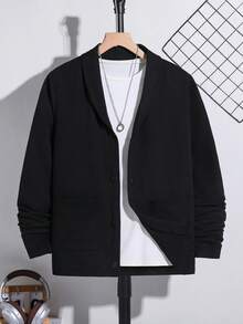 Teen Boys Black Casual Knit Cardigan Jacket With Shawl Collar, Single-Breasted Round Button Closure, Suitable For Daily Commute, Casual Outings, Layering And Inner Wear, All Seasons, Autumn - Black - View 7