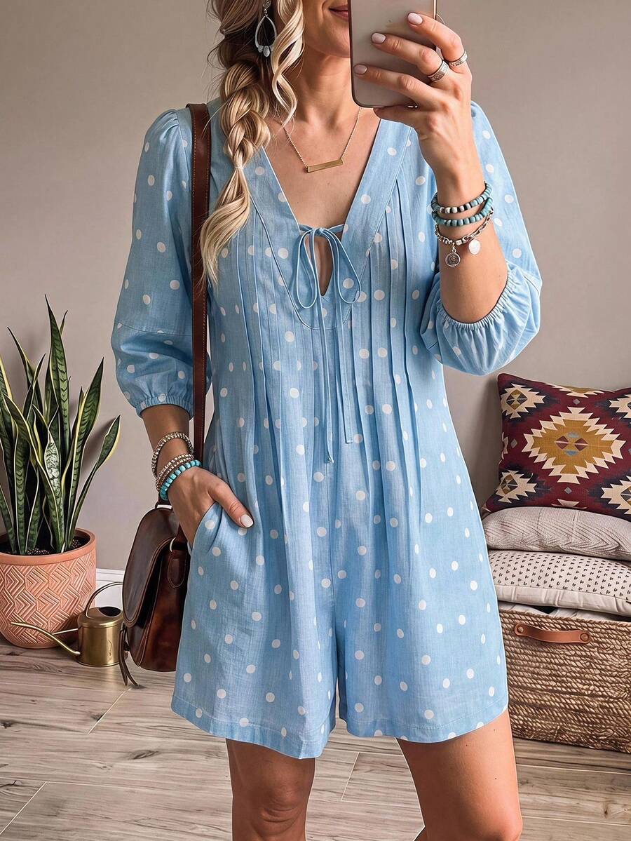 Wildy BOHO Vintage Casual Western Country Nomad Plaid Women's Autumn/Winter Daily Outfit Picnic Vacation With Pockets Autumn/Winter Jumpsuit Blue Polka Dot
