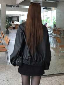 DAZY Women's Regular Fit Black PU Leather Jacket With Stand Collar, Long Sleeves, Zipper Front, Loose Fit And Pocket Decor Cute Tops - Black - View 2