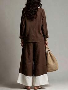 LUMIGAL Set Kemeja Wanita Bertekstur Bergaris dengan Blok Warna dan Celana Panjang Longgar dengan Kantong - Coklat - View 2