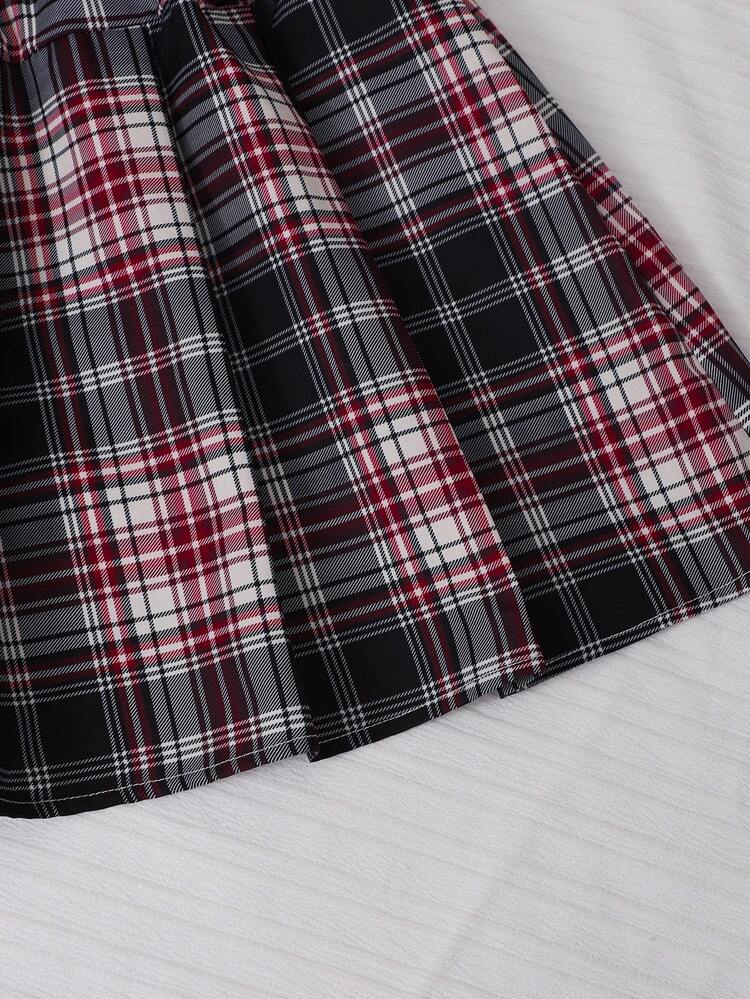Girls' Shirt Collar Patchwork Plaid Academy Style Open Front Puff Long Sleeve Top With Elastic Waist Pleated Skirt, Suitable For Spring/Autumn School, Commute, Outing, Walking, Shopping, Can Be Paired With Coat, Jacket, Blazer - Rose Red - View 5