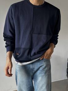 DAZY Men's Navy Blue Ribbed Fabric Patchwork Contrast Letter Embroidery Pullover Sweatshirt, Spring/Autumn - Blue - View 1