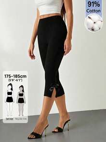 SHEIN Tall 女款純色蝴蝶結裝飾休閒百搭日常穿著緊身內搭褲 - 黑色 - 查看 8