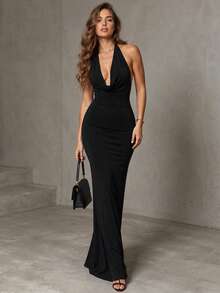 INAWLY Solva Women's Sexy Cowl Neck Pleated Fitted Draped Neck Evening Dress - Black - View 1