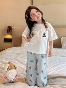 Dazy Kids 女童秋季格紋短袖長褲居家服 春夏款 - 淺藍色 - 查看 1