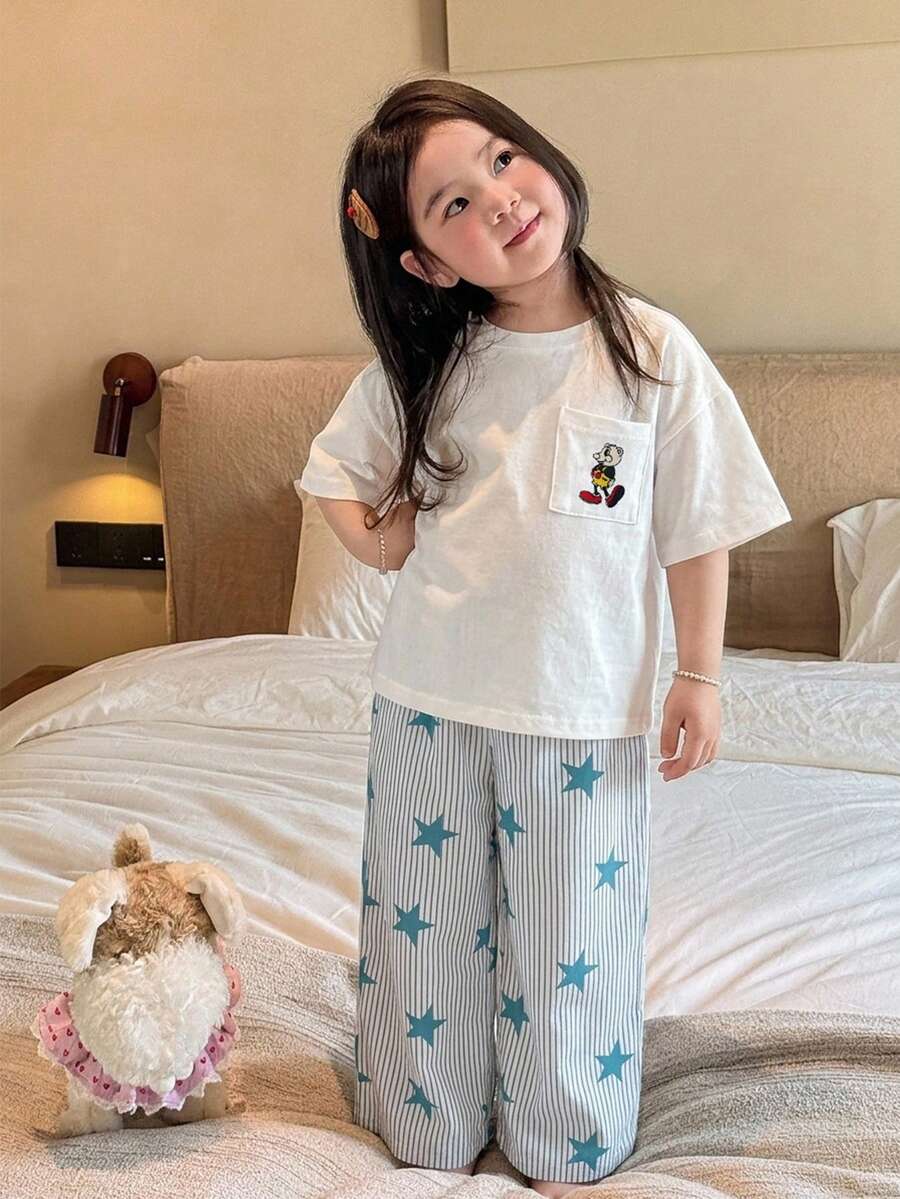 Dazy Kids 女童秋季格紋短袖長褲居家服 春夏款 - 淺藍色 - 查看 1