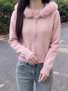 DAZY Women's Lazy Khaki Fur Collar Hooded Sweater Jacket, Autumn/Winter High-End Relaxed Zip-Up Knit Cardigan - Khaki - View 4