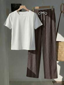 Tseoso 2pcs Set Embroidered Round Neck Short Sleeve Top And Striped Print Pants, Casual - Brown - View 7