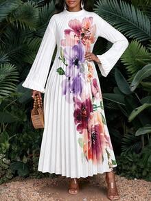 SHEIN Lady Plus Size Women's Floral Print Pleated Casual Everyday Dress - Multicolor - View 5
