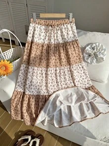 Comfortcana Plus Size Women's Ditsy Floral Waist Tie Ruffle Hem Skirt For Vacation - Khaki - View 6