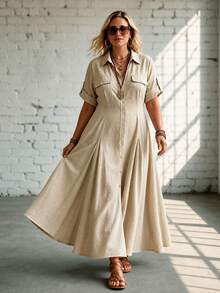 Ceyna Plus Size Women's Solid Color Casual Daily Summer Dress - Khaki - View 3