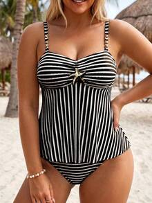 Swim Lushoire 2026 New Metal Decor Ruched Front Tummy Control Plus Size Spaghetti Strap Beach Swimsuit For Women - Black and White - View 3