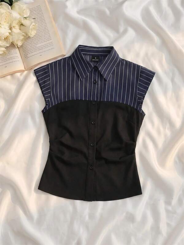 SHEIN MOD Kemeja Wanita Elegan Bergaya Vintage dengan Motif Garis-Garis dan Blok Warna, Model Kancing Tunggal